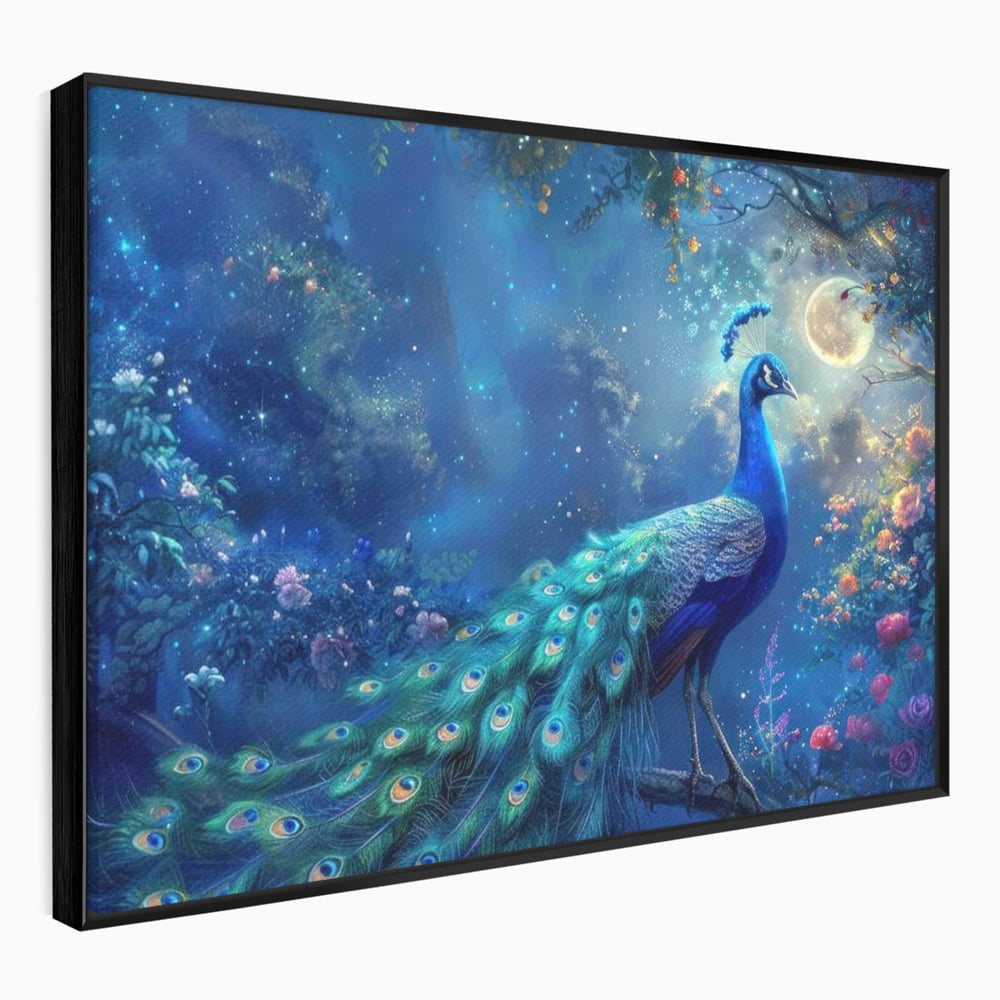Tablou canvas cu tablou canvas cu paun albastru noaptea, in rama de aluminiu negru